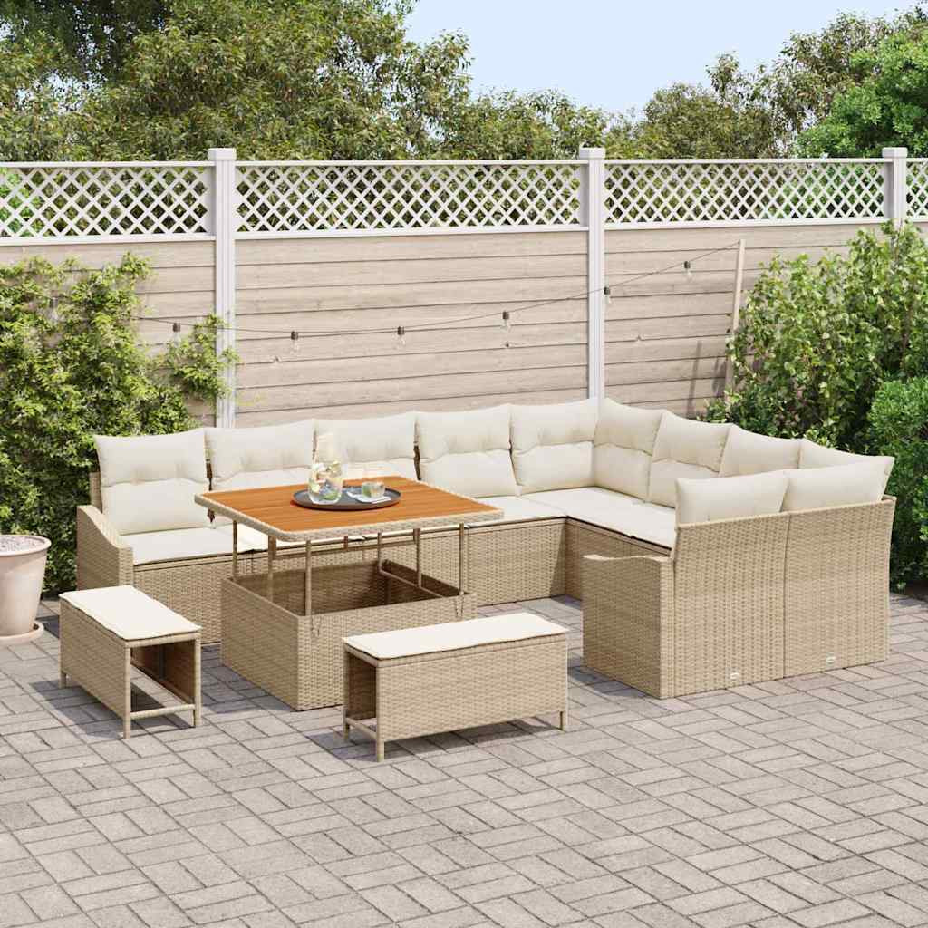 vidaXL Gartensofa-set mit Kissen mit Speicher 12 pcs Beige Poly Rattan