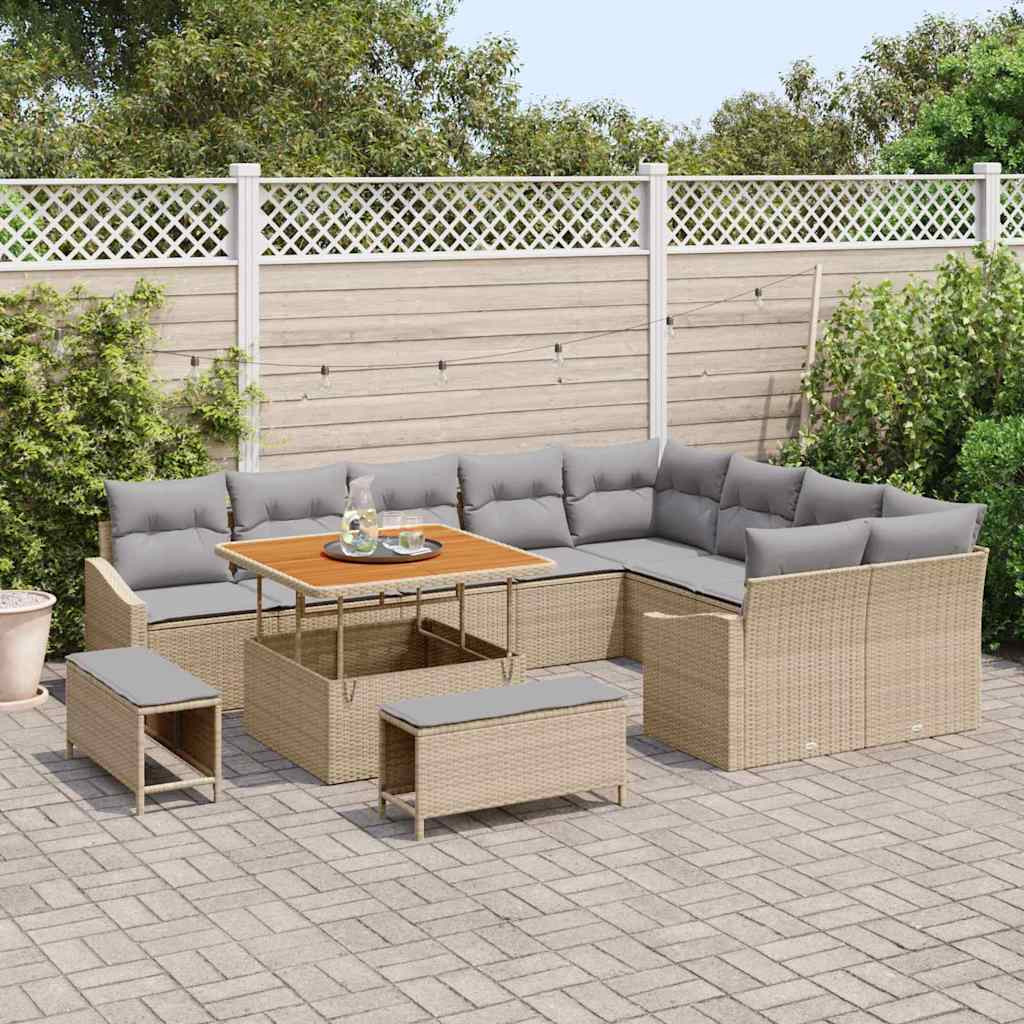 vidaXL Gartensofa-set mit Kissen mit Speicher 12 pcs Beige Poly Rattan