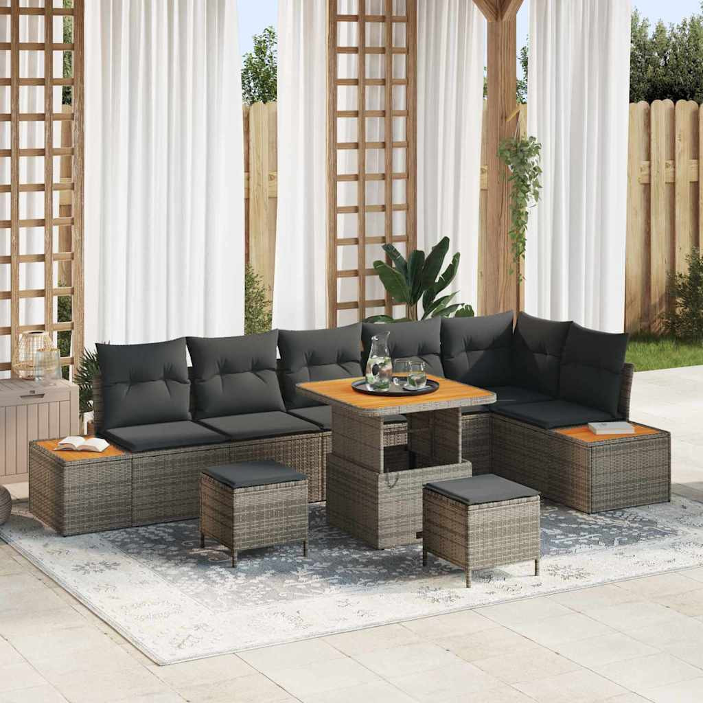 vidaXL Gartensofa-set mit Kissen mit Speicher 9 pcs Grau Poly Rattan