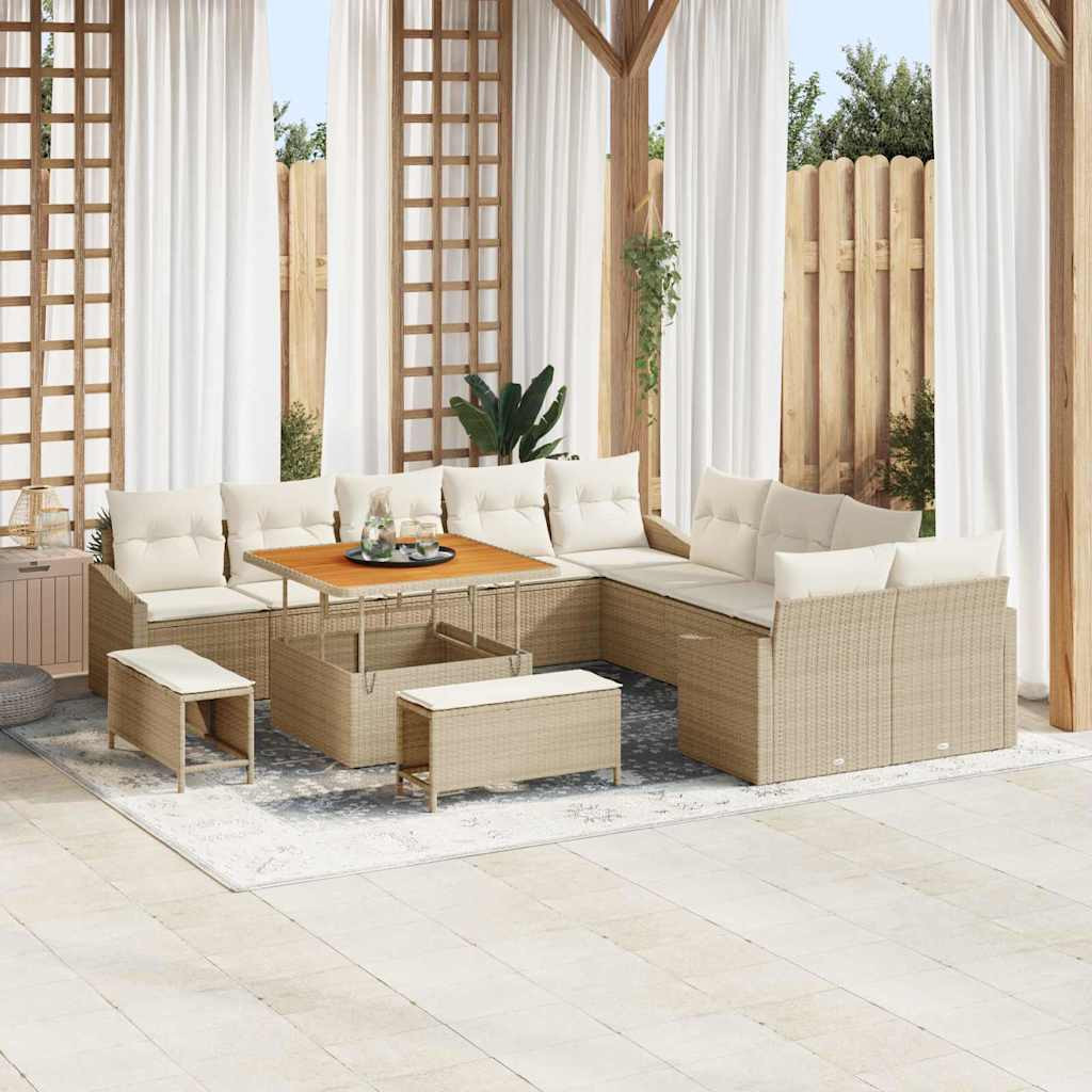 vidaXL Gartensofa-set mit Kissen mit Speicher 13 pcs Beige Poly Rattan