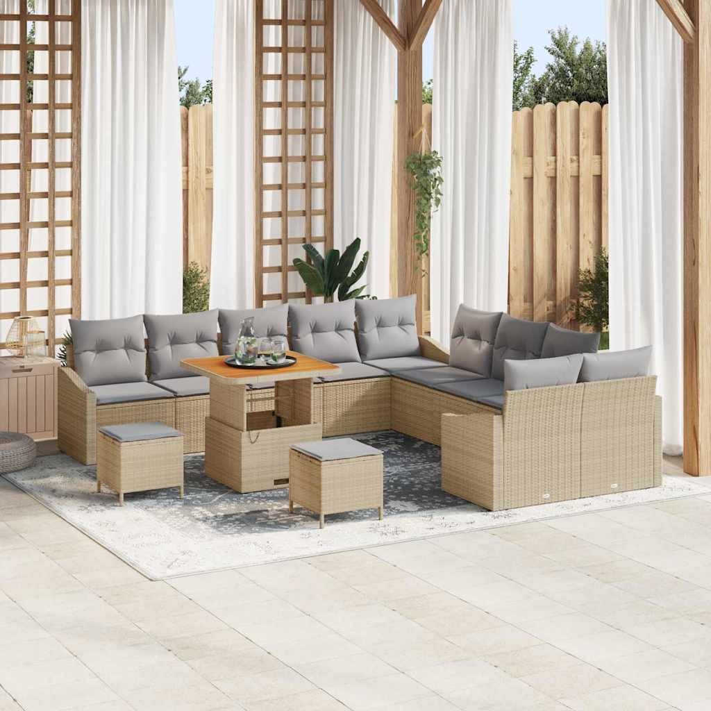 vidaXL Gartensofa-set mit Kissen mit Speicher 13 pcs Beige Poly Rattan