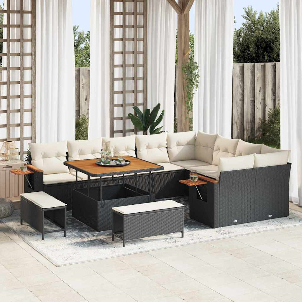vidaXL Gartensofa-set mit Kissen 13 pcs Schwarz und Creme Poly-Rattan