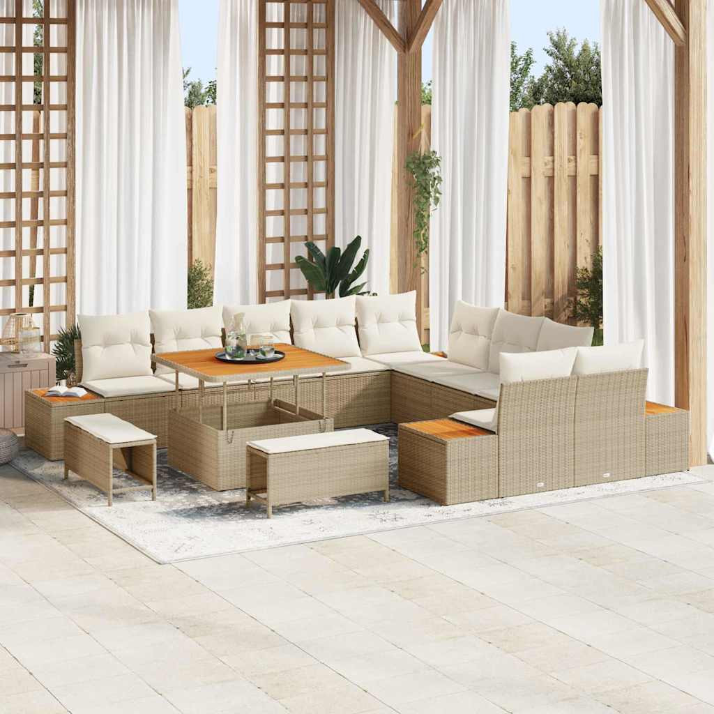 vidaXL Gartensofa-set mit Kissen mit Speicher 13 pcs Beige Poly Rattan