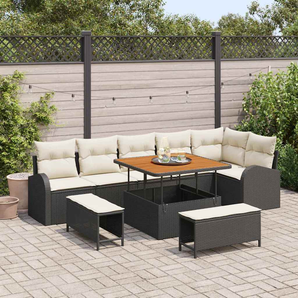 vidaXL Garten-Sofa-Set mit Kissen mit Speicher 9 pcs Schwarz und Creme