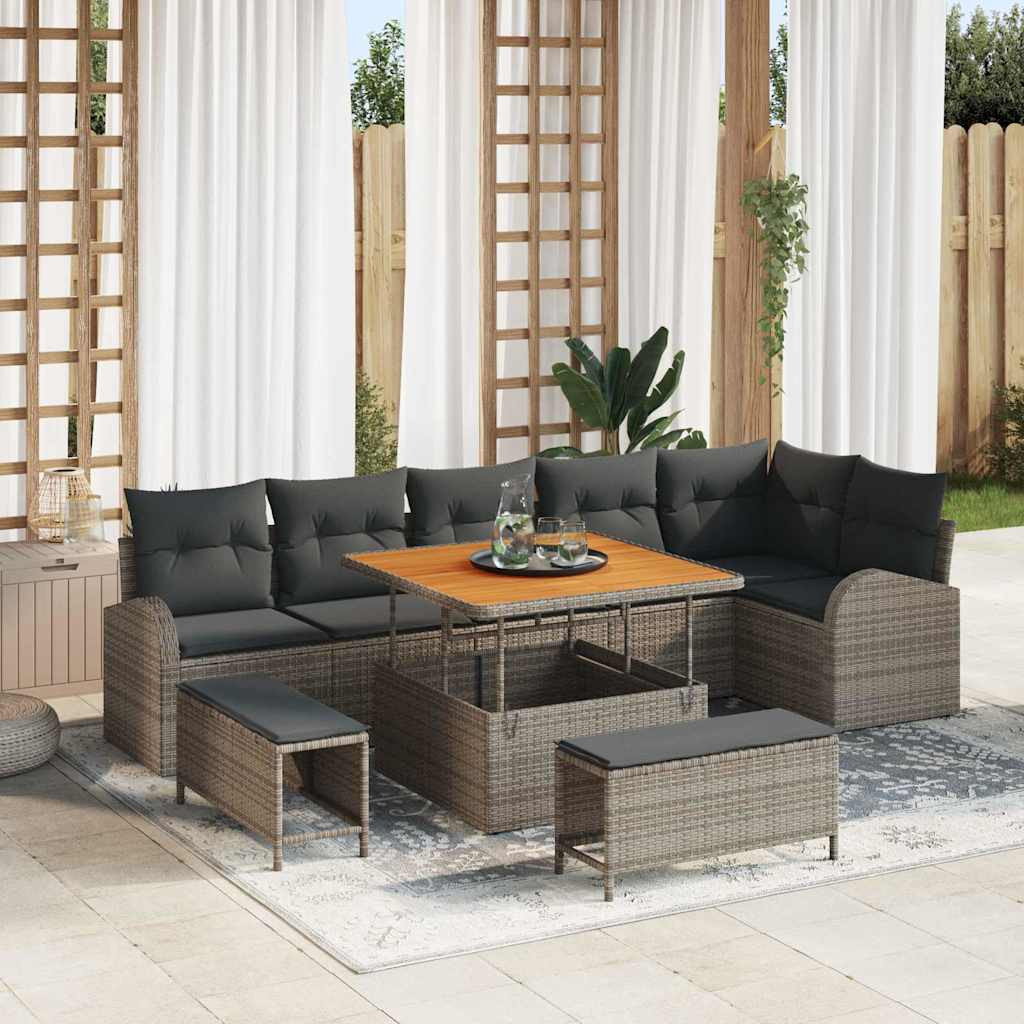 vidaXL Garten-Sofa-Set mit Kissen mit Speicher mit Kissen 9 pcs Grau