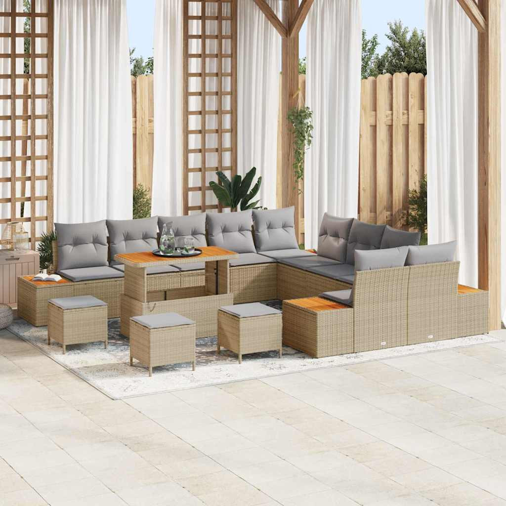 vidaXL Gartensofa-set mit Kissen mit Speicher 14 pcs Beige Poly Rattan