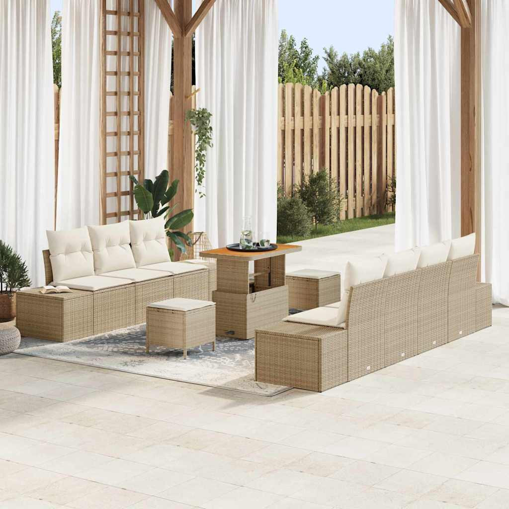 vidaXL Gartensofa-set mit Kissen mit Speicher 10 pcs Beige Poly Rattan