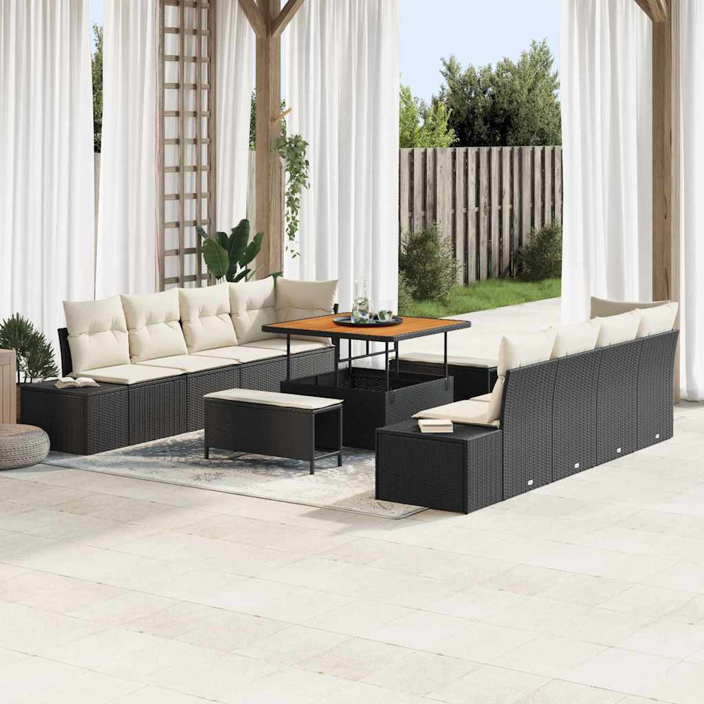 vidaXL Gartensofa-set mit Kissen Schwarz 264 x 62 x 85 cm Poly Rattan