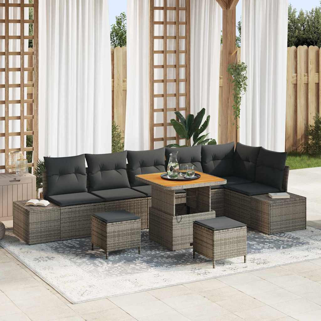 vidaXL Gartensofa-set mit Kissen mit Speicher 9 pcs Grau Poly Rattan