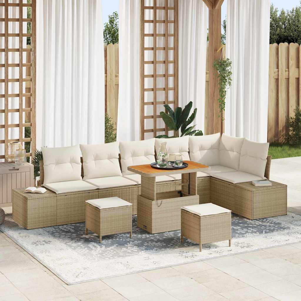 vidaXL Gartensofa-set mit Kissen mit Speicher 9 pcs Beige Poly Rattan
