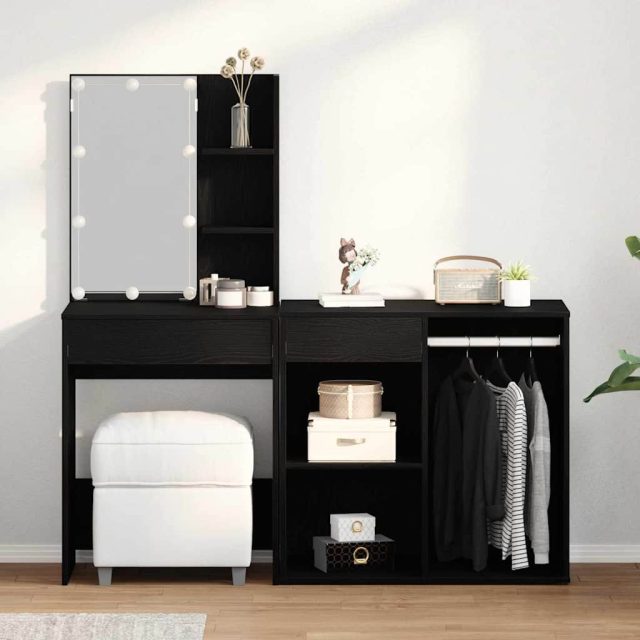 vidaXL LED Schminktisch Set Schwarz Eichen-Optik 140 x 40 x 140 cm
