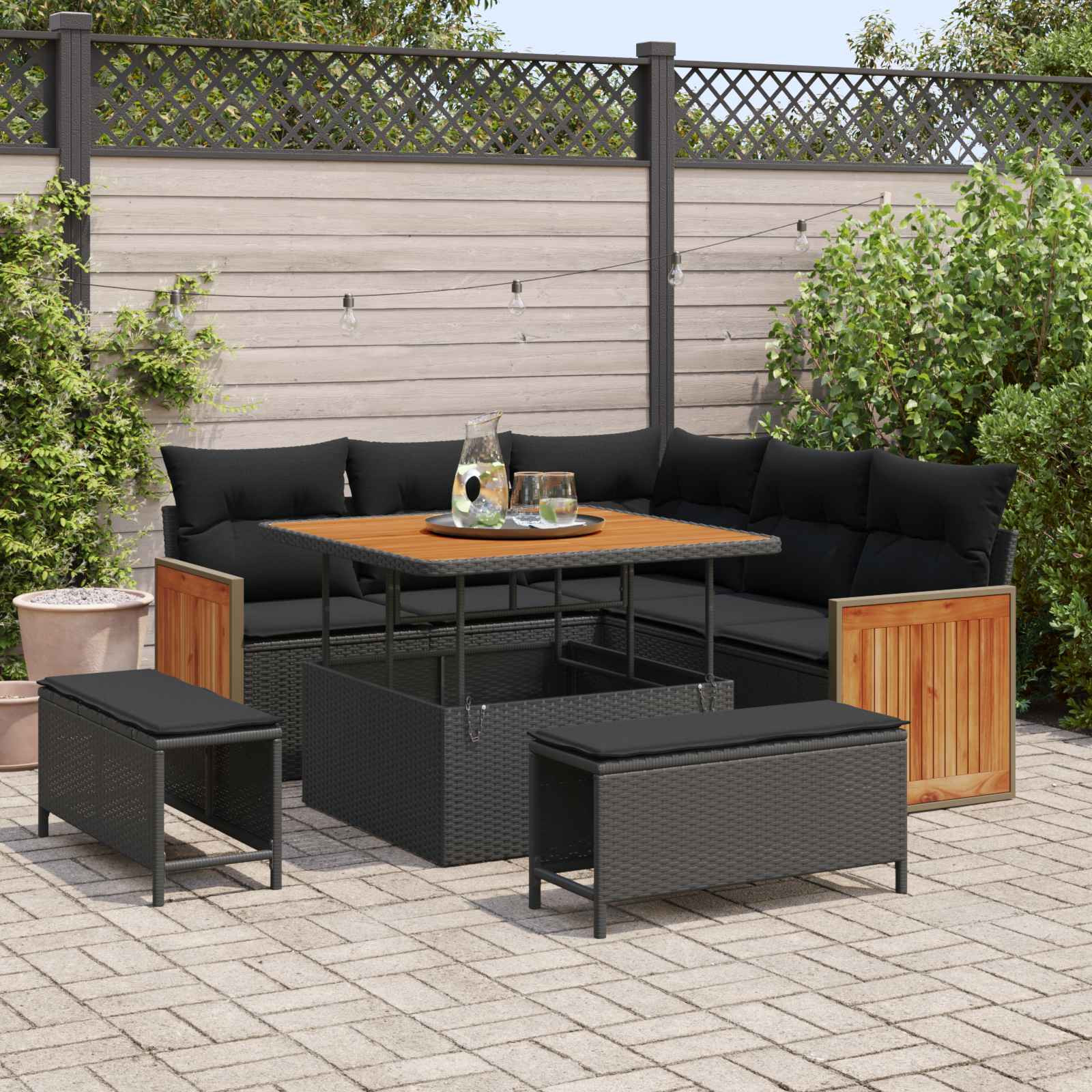 vidaXL Gartensofa-set mit Kissen 9 pcs Schwarz Poly-Rattan