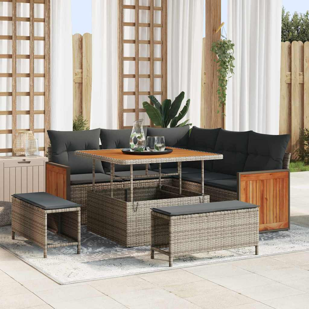 vidaXL Gartensofa-set mit Kissen 9 pcs Grau Poly-Rattan