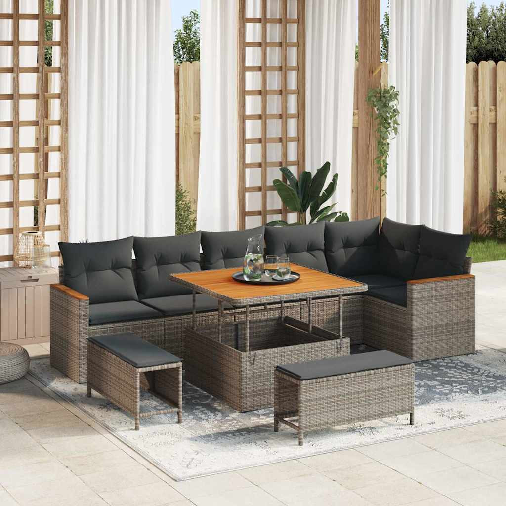 vidaXL Gartensofa-set mit Kissen 9 pcs Grau Poly Rattan