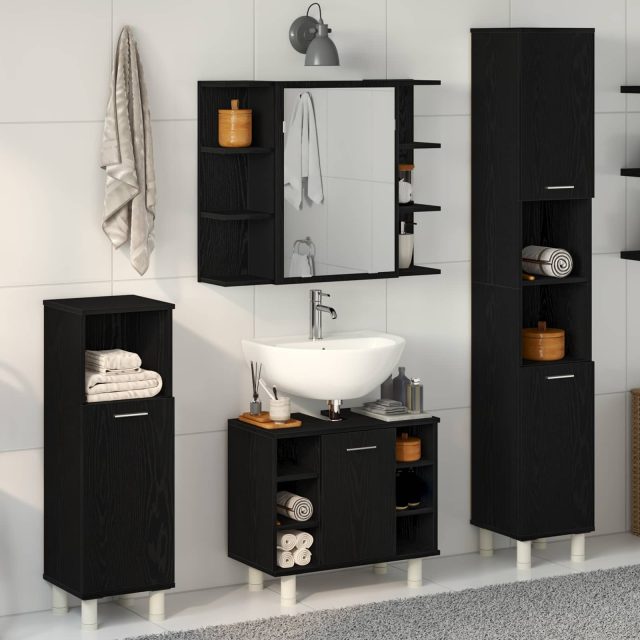vidaXL Badezimmermöbel-Set mit Regal 4 pcs Schwarz 30 x 30 x 179,5 cm