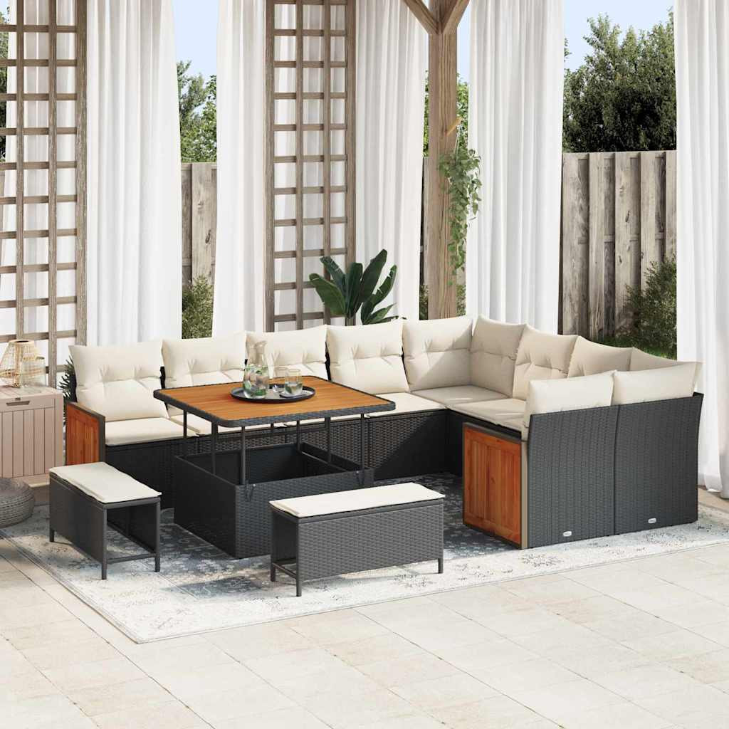 vidaXL Gartensofa-set mit Kissen 13 pcs Schwarz und Creme Poly-Rattan