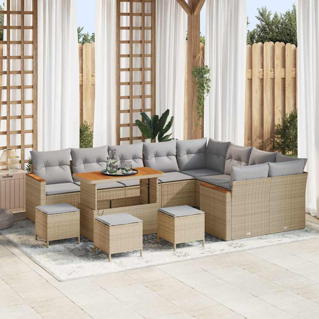 vidaXL Gartensofa-set mit Kissen mit Speicher 13 pcs Beige Poly Rattan