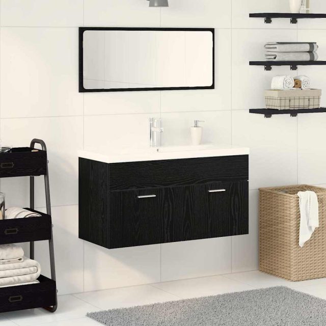 vidaXL Badezimmermöbel-Set 3 pcs Schwarz Eichen-Optik Holzwerkstoff