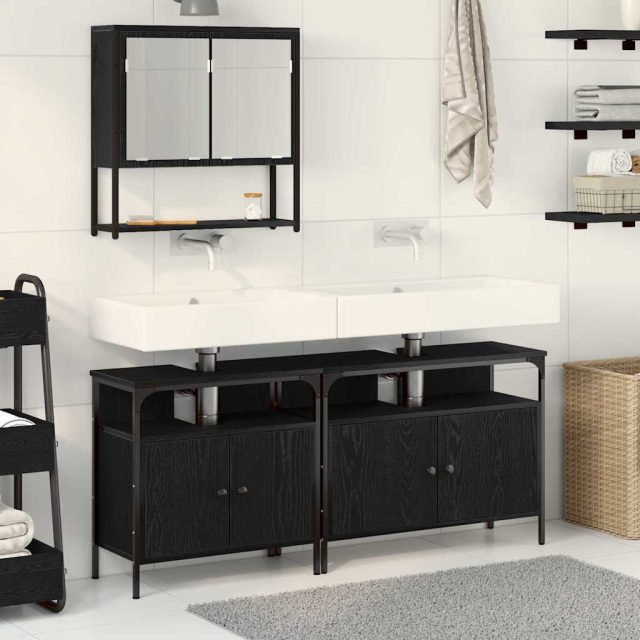 vidaXL Badezimmermöbel-Set mit Regal 3 pcs Schwarz Holzwerkstoff