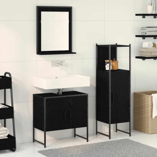 vidaXL Badezimmermöbel-Set mit Regal 3 pcs Schwarz Holzwerkstoff