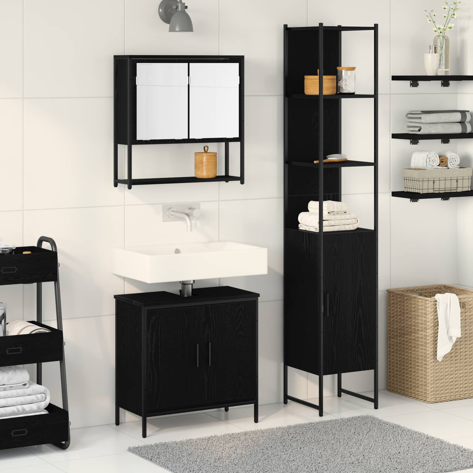 vidaXL Badezimmermöbel-Set mit Regal 3 pcs Schwarz Holzwerkstoff