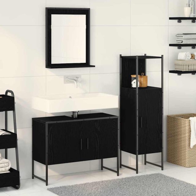 vidaXL Badezimmermöbel-Set mit Regal 3 pcs Schwarz Holzwerkstoff