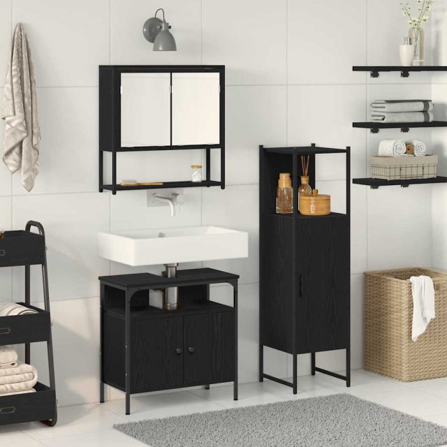 vidaXL Badezimmermöbel-Set mit Regal 3 pcs Schwarz Holzwerkstoff