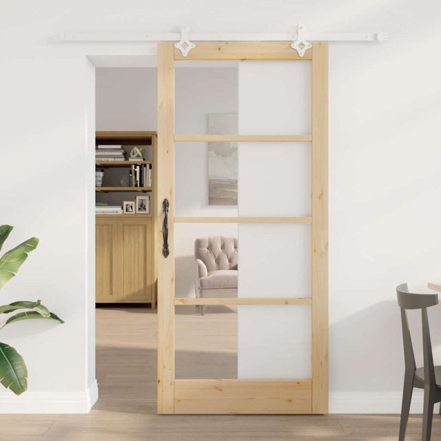 vidaXL Schiebetür Natur 93 x 202 cm Massivholz Kiefer und Glas