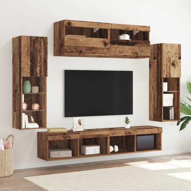 vidaXL TV-Schrankset mit LED-Lichtleisten 6 pcs Altholz Holzwerkstoff