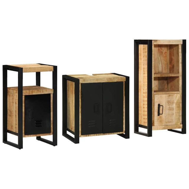 vidaXL Badezimmermöbel-Set 3 pcs Braun und Schwarz Massivholz Mango