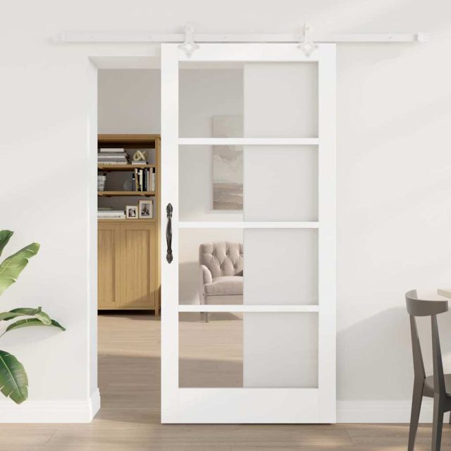 vidaXL Schiebetür Weiß 93 x 202 cm Massivholz Kiefer und Glas