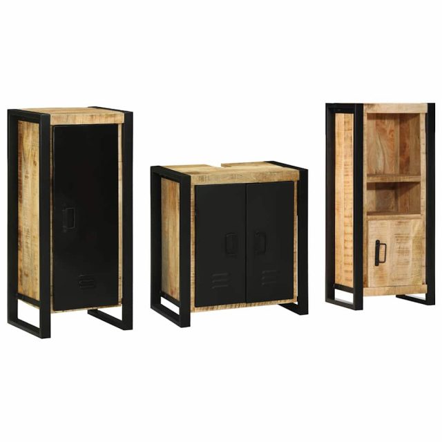 vidaXL Badezimmermöbel-Set 3 pcs Braun und Schwarz Massivholz Mango