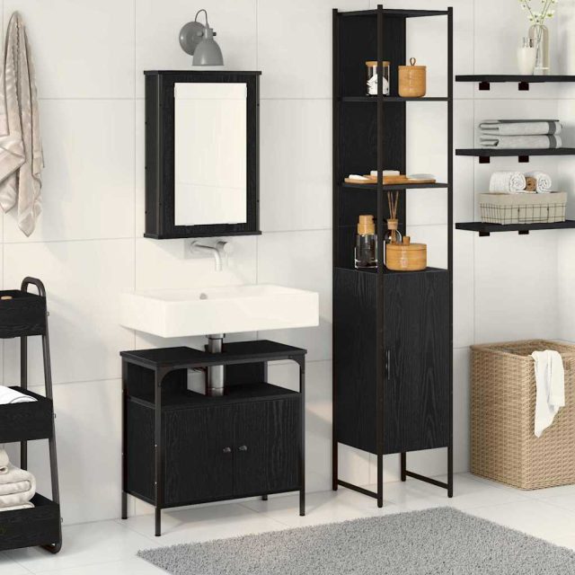 vidaXL Badezimmermöbel-Set 3 pcs Schwarz Eichen-Optik Holzwerkstoff
