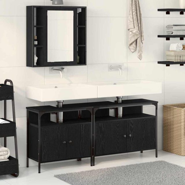 vidaXL Badezimmer Waschbeckenmöbel mit Tür 3 pcs Schwarz Holzwerkstoff