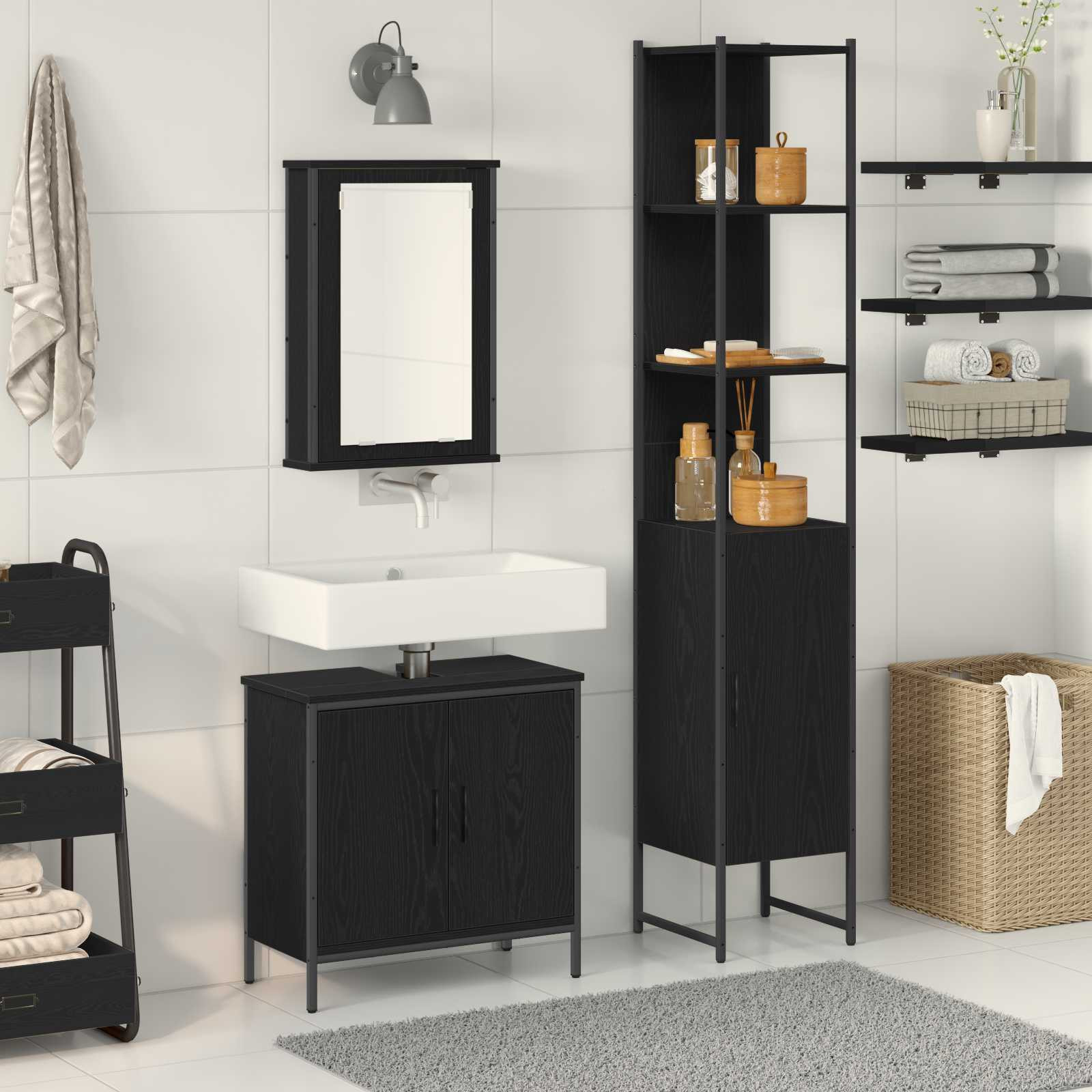 vidaXL Badezimmermöbel-Set mit Regal 3 pcs Schwarz Holzwerkstoff