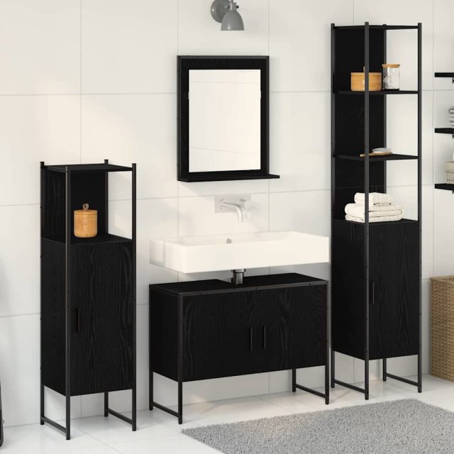 vidaXL Badezimmermöbel-Set mit Regal 4 pcs Schwarz Holzwerkstoff