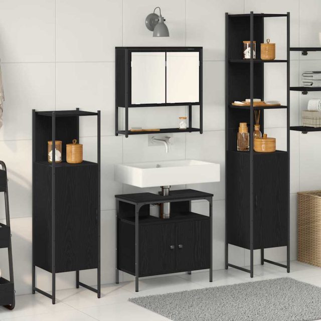 vidaXL Badezimmermöbel-Set 4 pcs Schwarz Eichen-Optik Holzwerkstoff