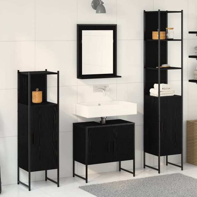 vidaXL Badezimmermöbel-Set mit Regal 4 pcs Schwarz Holzwerkstoff