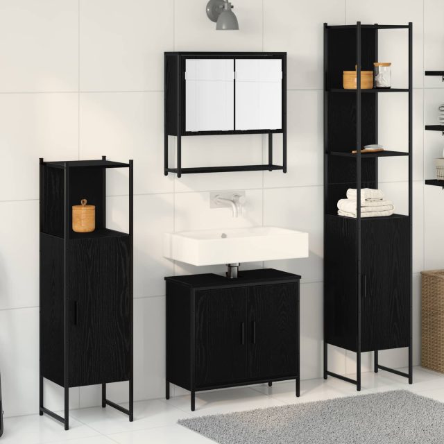 vidaXL Badezimmermöbel-Set mit Regal 4 pcs Schwarz Holzwerkstoff