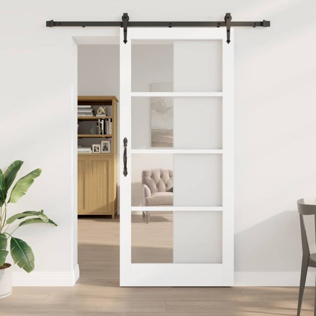 vidaXL Schiebetür Weiß 93 x 211 cm Massivholz Kiefer und Glas