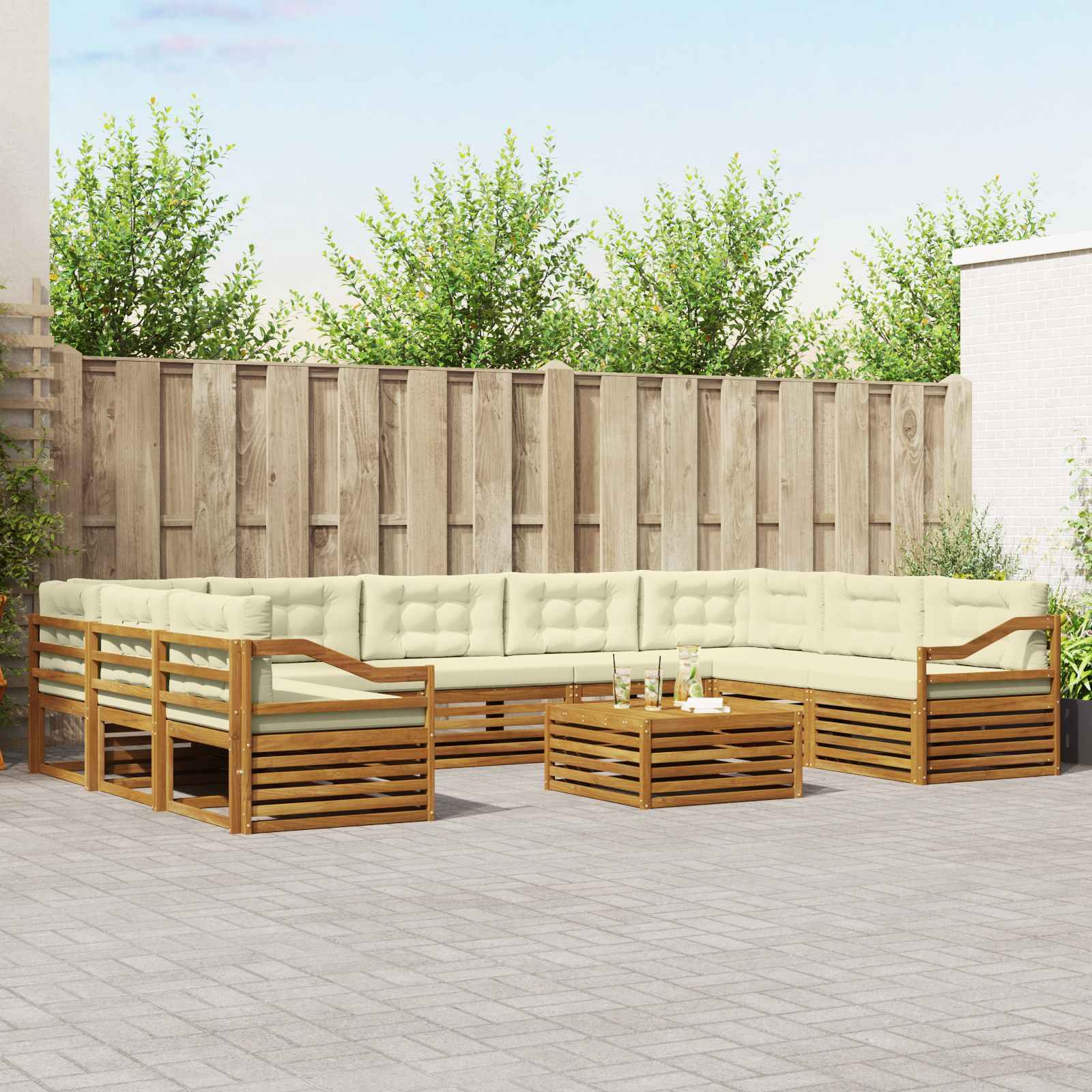 vidaXL Outdoor-Sofagarnitur 10 pcs Natur und Creme Massivholz Akazie