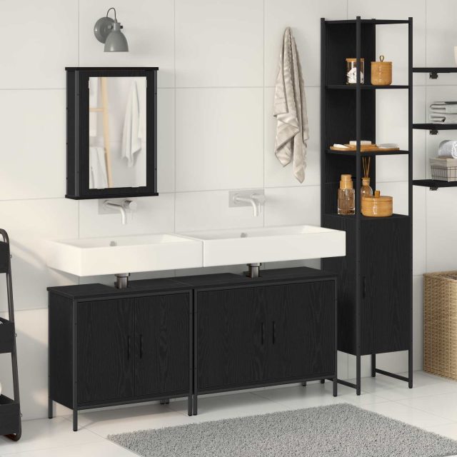 vidaXL Badezimmermöbel-Set mit Regal 4 pcs Schwarz Holzwerkstoff