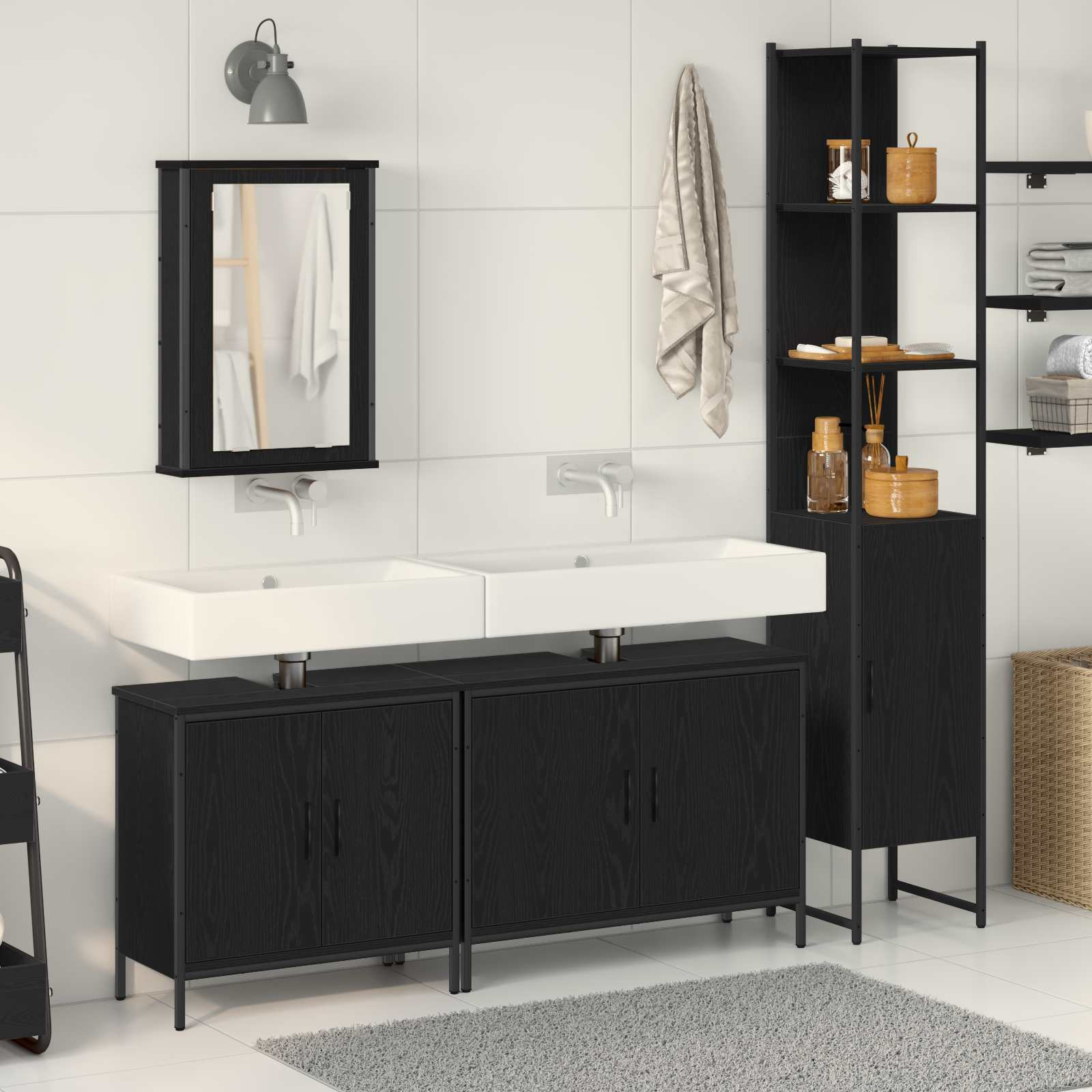 vidaXL Badezimmermöbel-Set mit Regal 4 pcs Schwarz Holzwerkstoff