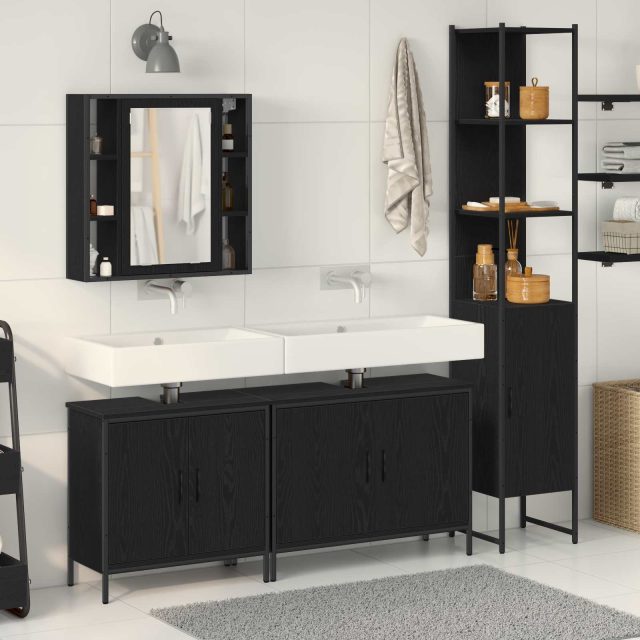 vidaXL Badezimmermöbel-Set mit Regal 4 pcs Schwarz Holzwerkstoff