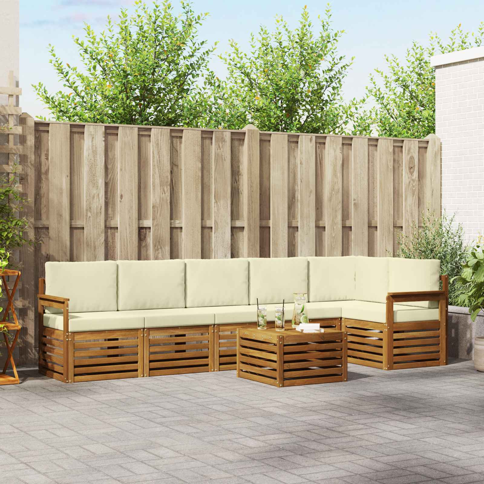 vidaXL Ecksofa Set mit Kissen 7 pcs Natur und Creme Massivholz Akazie