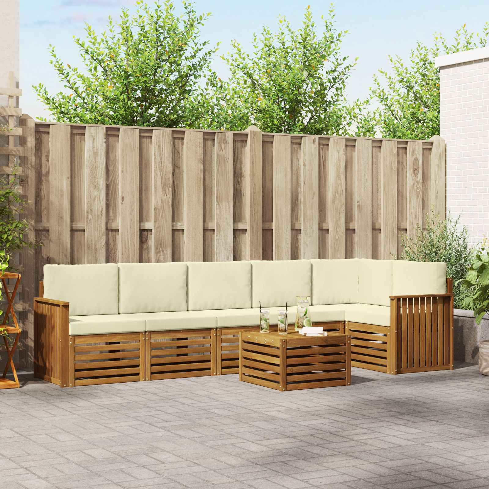 vidaXL Ecksofa Set mit Kissen 7 pcs Natur und Creme Massivholz Akazie
