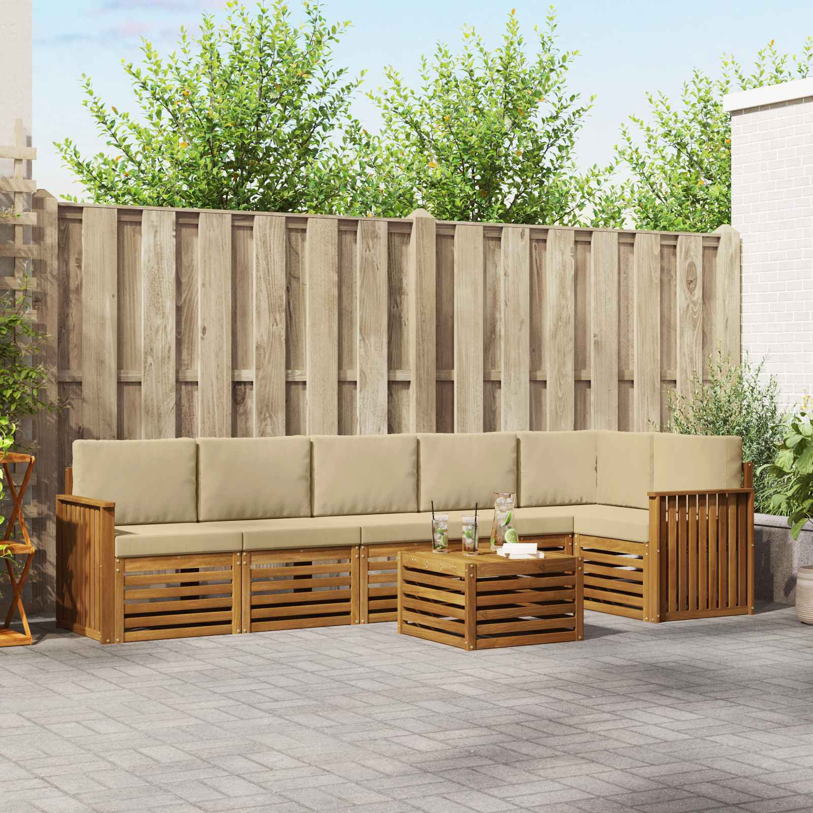 vidaXL Ecksofa Set mit Kissen 7 pcs Natur und Beige Massivholz Akazie