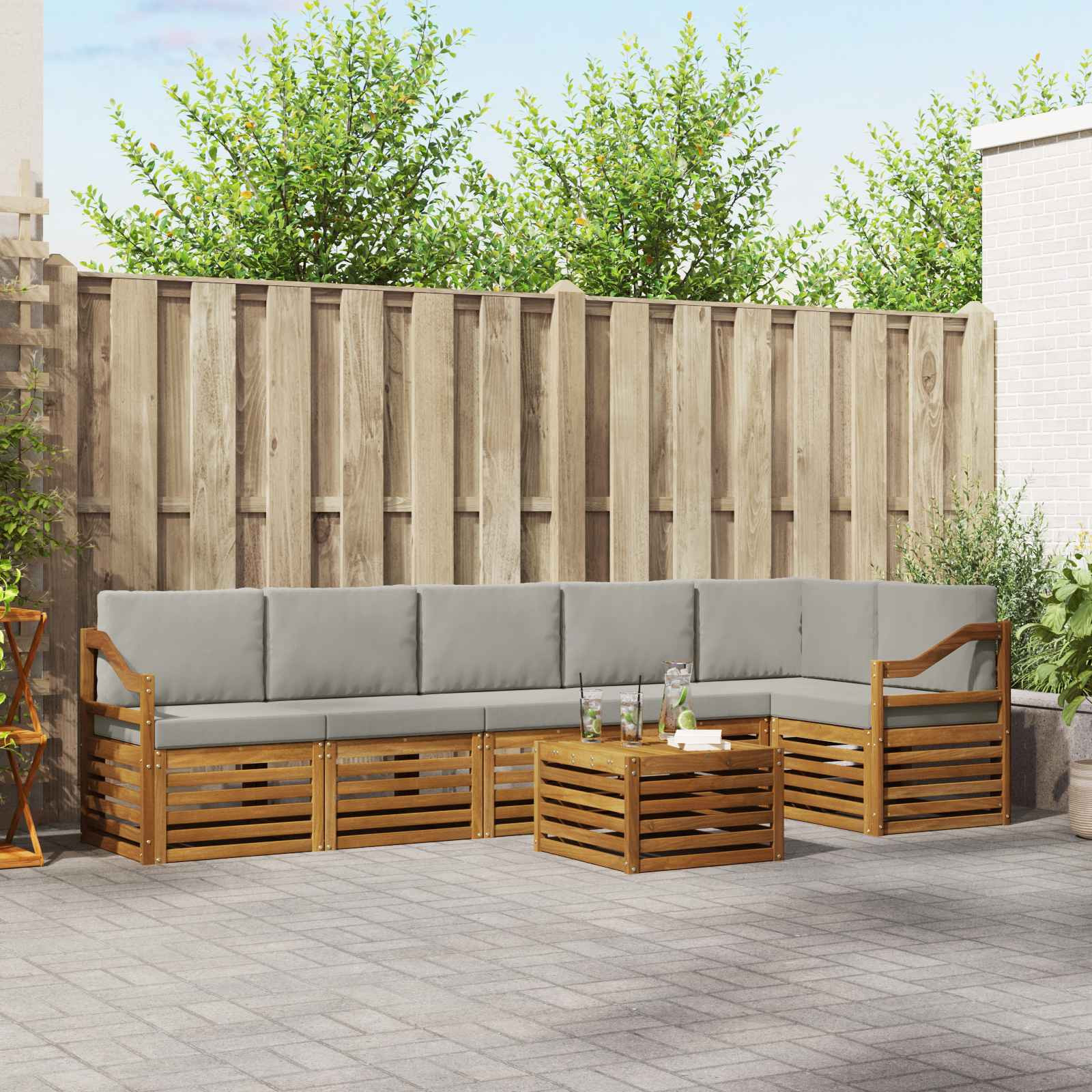 vidaXL Ecksofa Set 7 pcs Natürlich und Hellgrau Massivholz Akazie