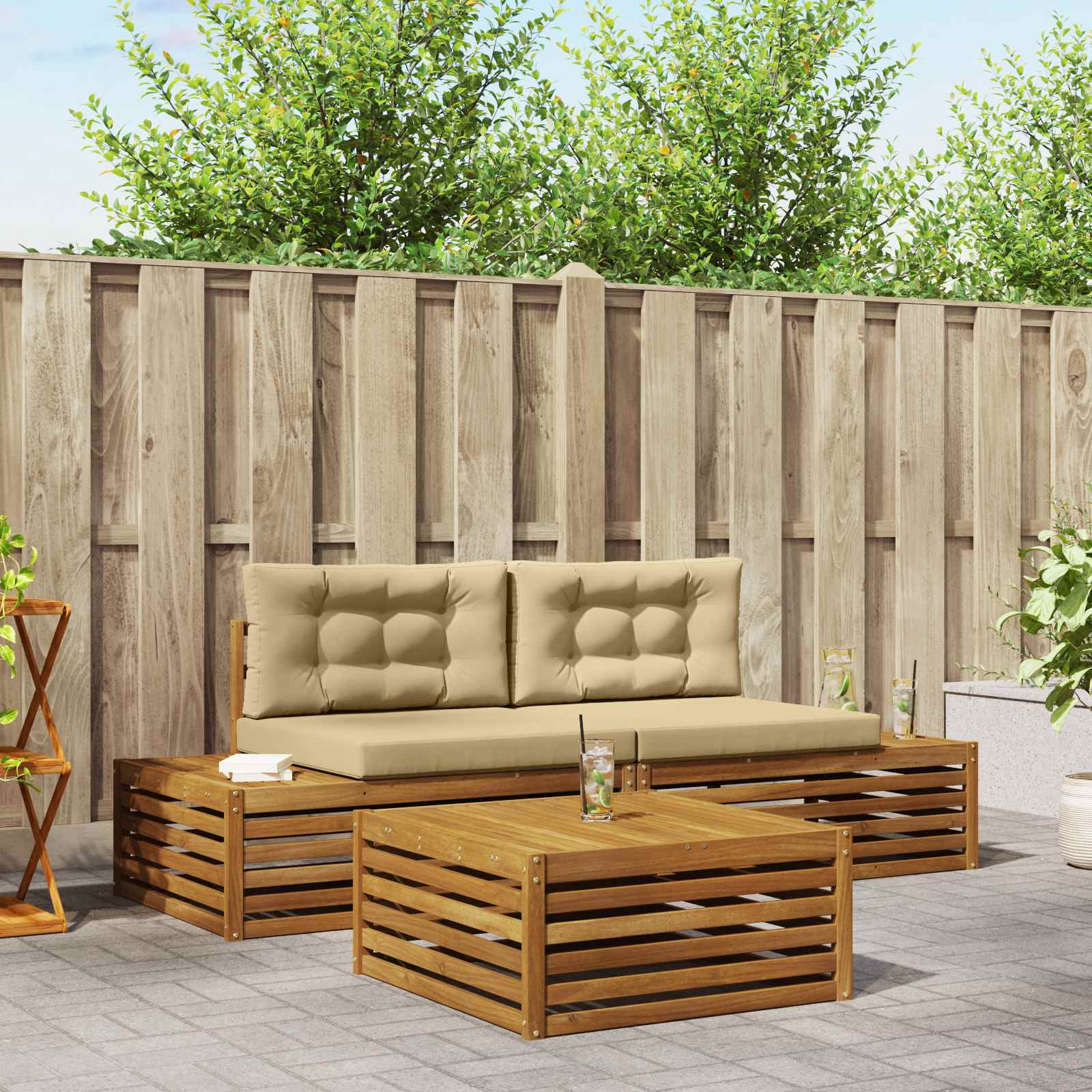 vidaXL Outdoor-Sofagarnitur mit Kissen 3 Stück Natur und Beige