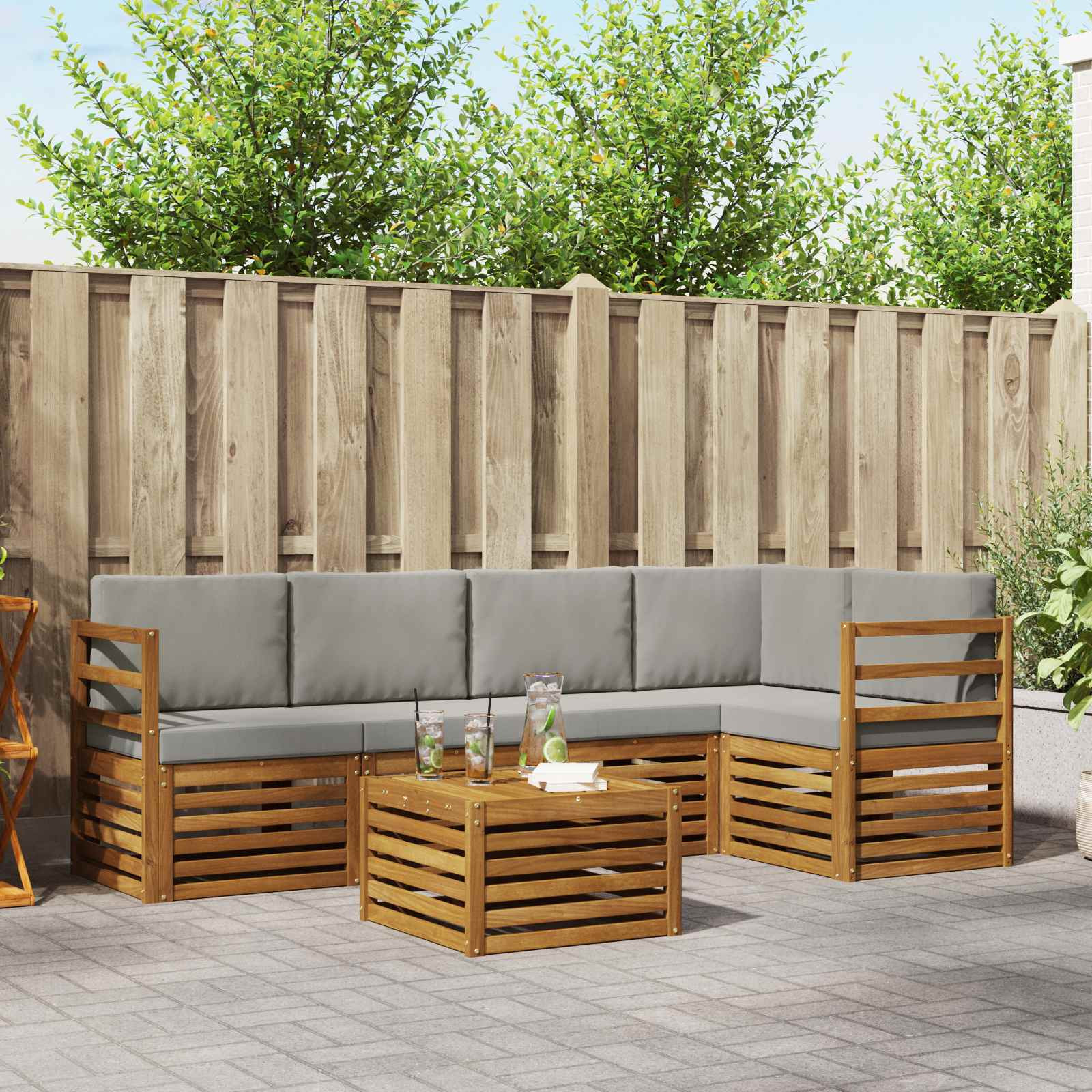 vidaXL Ecksofa Set 6 pcs Natürlich und Hellgrau Massivholz Akazie